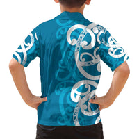 Azure Blue Maori Family Matching Off The Shoulder Long Sleeve Dress and Hawaiian Shirt Koru Kowhaiwhai LT7 - Polynesian Pride