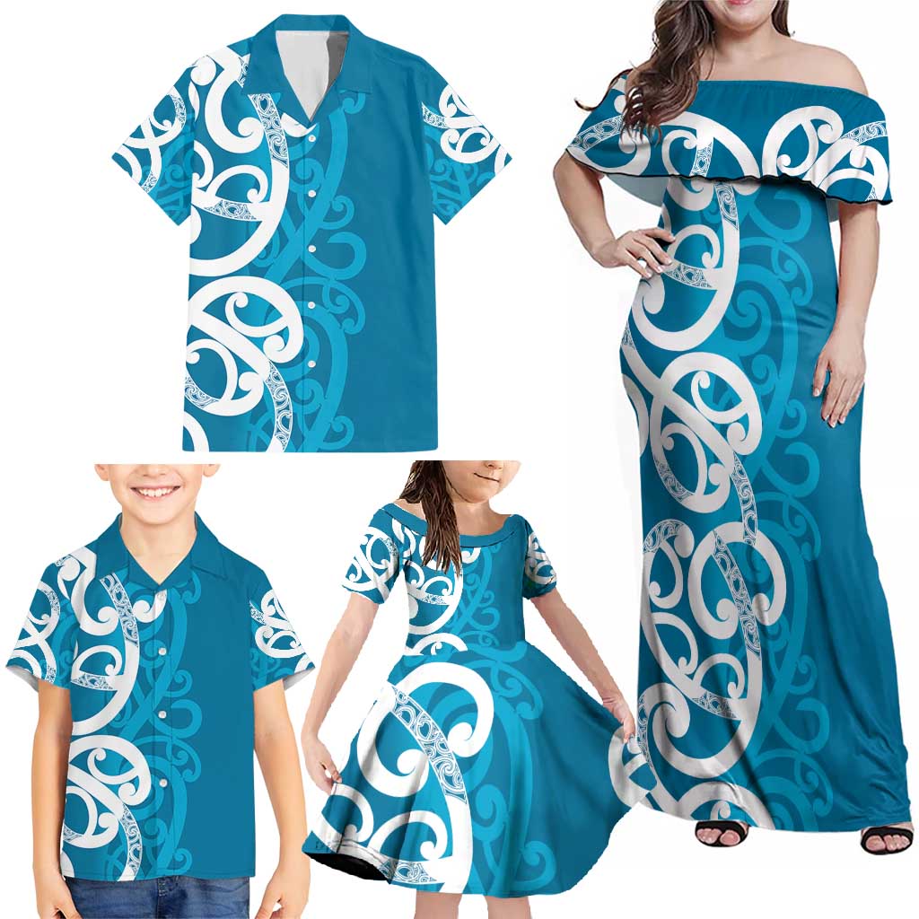 Azure Blue Maori Family Matching Off Shoulder Maxi Dress and Hawaiian Shirt Koru Kowhaiwhai LT7 - Polynesian Pride