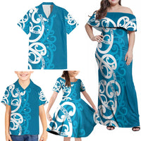 Azure Blue Maori Family Matching Off Shoulder Maxi Dress and Hawaiian Shirt Koru Kowhaiwhai LT7 - Polynesian Pride