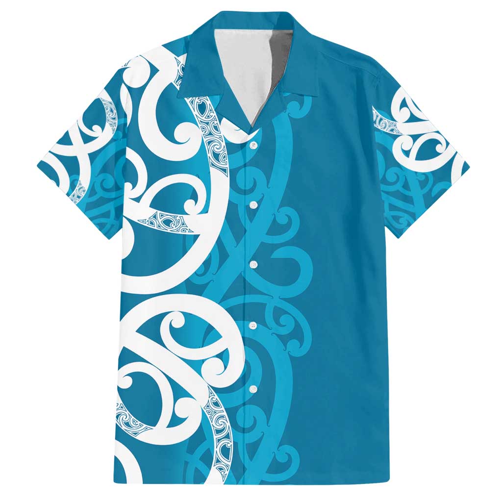 Azure Blue Maori Family Matching Off Shoulder Maxi Dress and Hawaiian Shirt Koru Kowhaiwhai LT7 Dad's Shirt - Short Sleeve Blue - Polynesian Pride