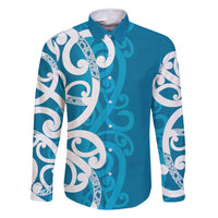 Azure Blue Maori Family Matching Off Shoulder Maxi Dress and Hawaiian Shirt Koru Kowhaiwhai LT7 Dad's Shirt - Long Sleeve Blue - Polynesian Pride