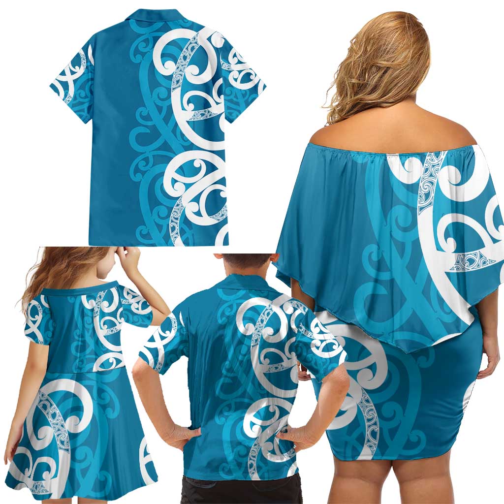 Azure Blue Maori Family Matching Off Shoulder Short Dress and Hawaiian Shirt Koru Kowhaiwhai LT7 - Polynesian Pride