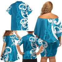 Azure Blue Maori Family Matching Off Shoulder Short Dress and Hawaiian Shirt Koru Kowhaiwhai LT7 - Polynesian Pride