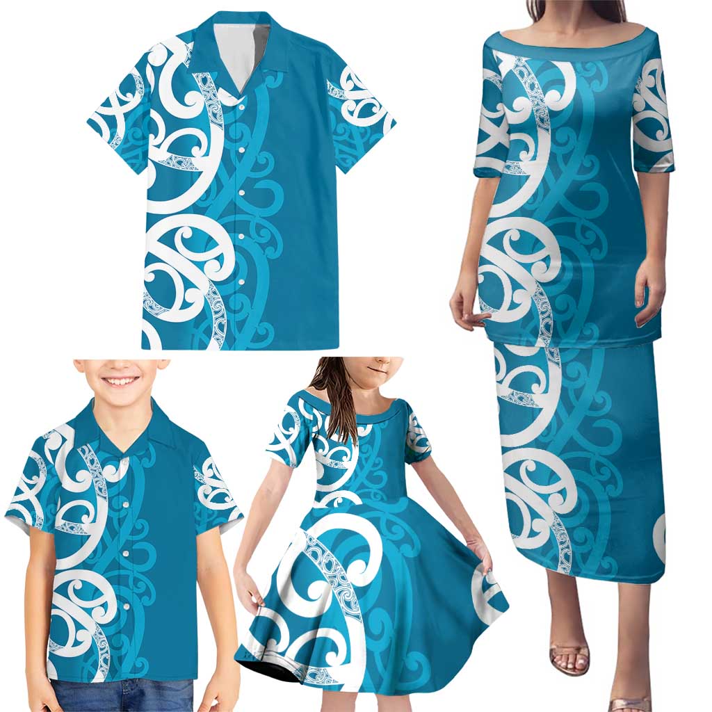 Azure Blue Maori Family Matching Puletasi and Hawaiian Shirt Koru Kowhaiwhai LT7 - Polynesian Pride