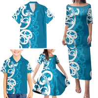 Azure Blue Maori Family Matching Puletasi and Hawaiian Shirt Koru Kowhaiwhai LT7 - Polynesian Pride