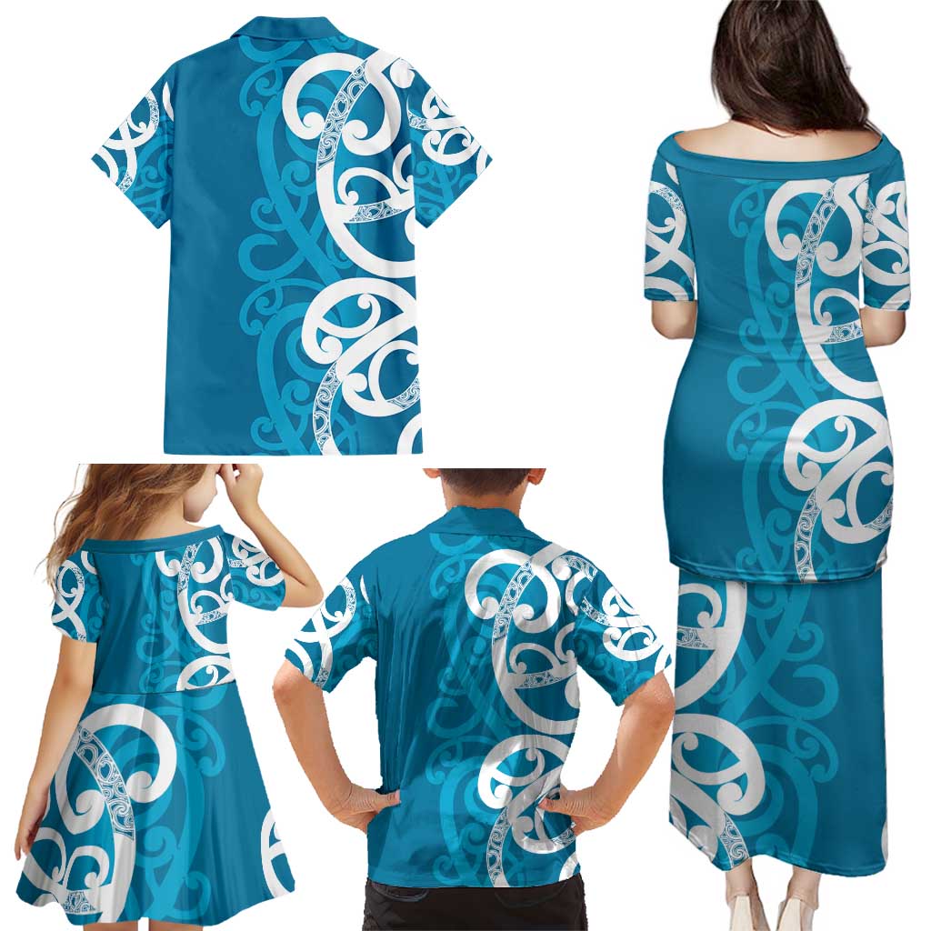 Azure Blue Maori Family Matching Puletasi and Hawaiian Shirt Koru Kowhaiwhai LT7 - Polynesian Pride