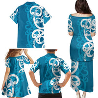 Azure Blue Maori Family Matching Puletasi and Hawaiian Shirt Koru Kowhaiwhai LT7 - Polynesian Pride