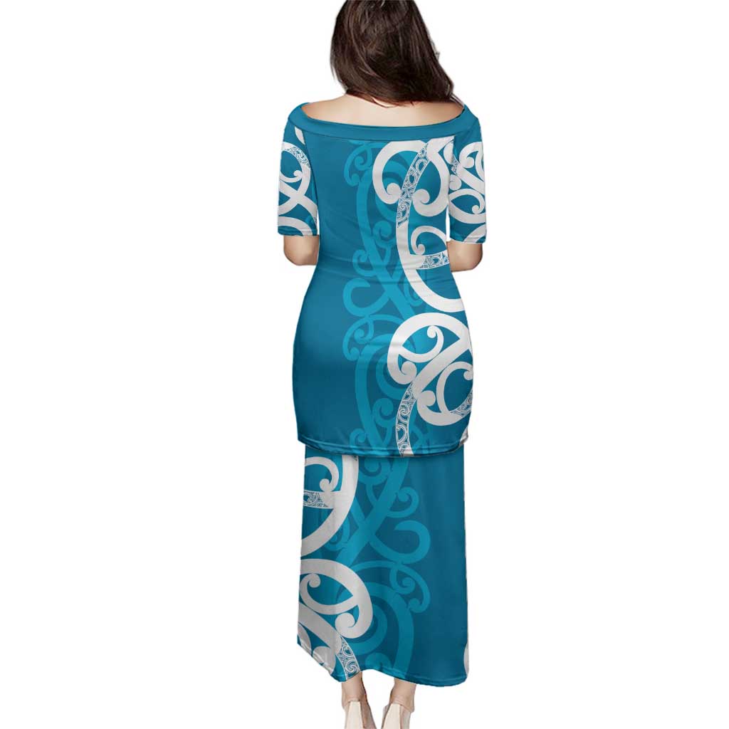 Azure Blue Maori Family Matching Puletasi and Hawaiian Shirt Koru Kowhaiwhai LT7 - Polynesian Pride
