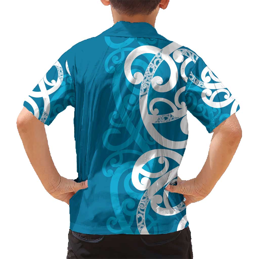 Azure Blue Maori Family Matching Short Sleeve Bodycon Dress and Hawaiian Shirt Koru Kowhaiwhai LT7 - Polynesian Pride