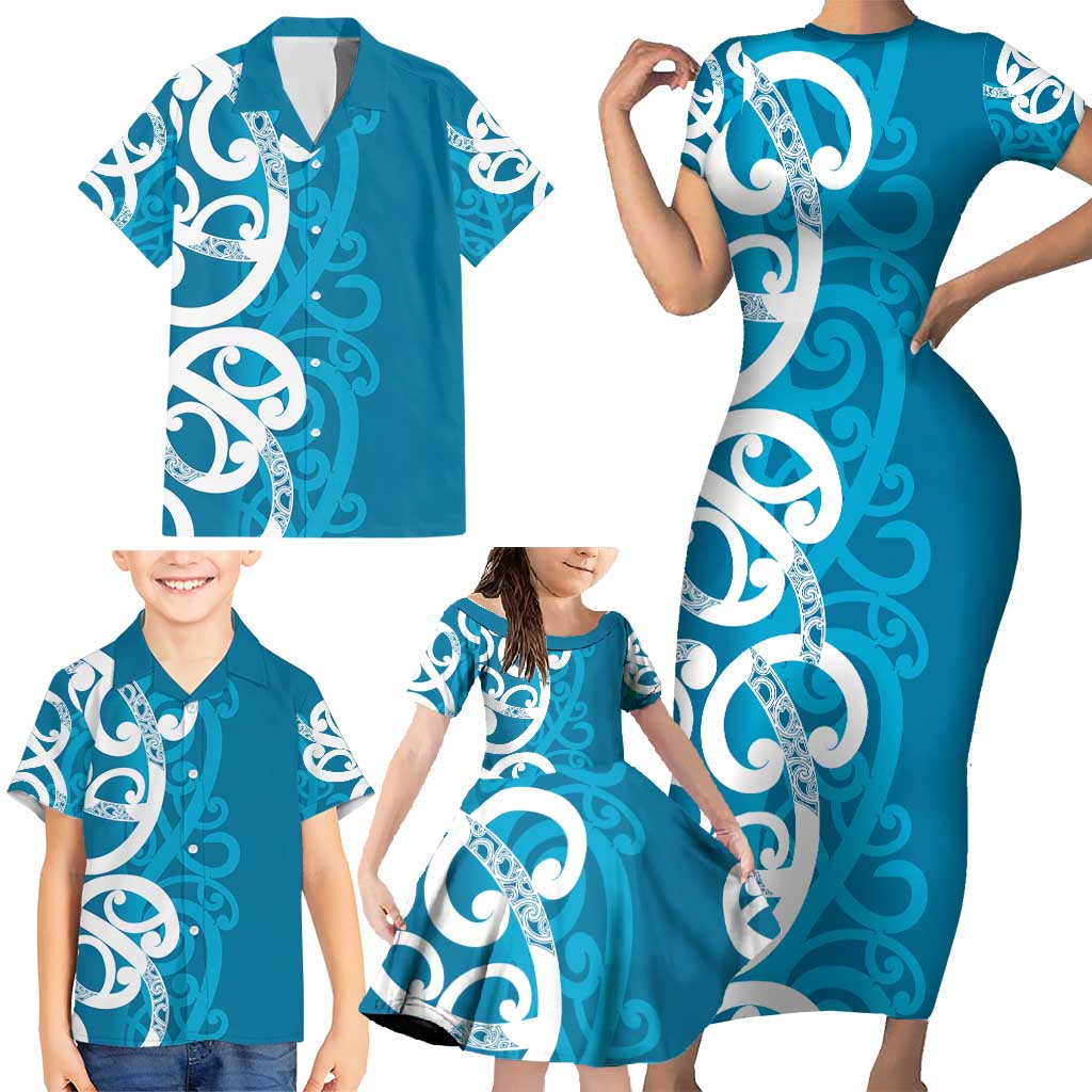Azure Blue Maori Family Matching Short Sleeve Bodycon Dress and Hawaiian Shirt Koru Kowhaiwhai LT7 - Polynesian Pride