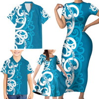 Azure Blue Maori Family Matching Short Sleeve Bodycon Dress and Hawaiian Shirt Koru Kowhaiwhai LT7 - Polynesian Pride