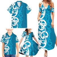 Azure Blue Maori Family Matching Summer Maxi Dress and Hawaiian Shirt Koru Kowhaiwhai LT7 - Polynesian Pride