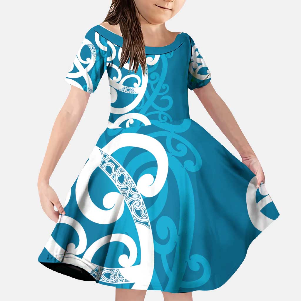 Azure Blue Maori Family Matching Tank Maxi Dress and Hawaiian Shirt Koru Kowhaiwhai LT7 Daughter's Dress Blue - Polynesian Pride
