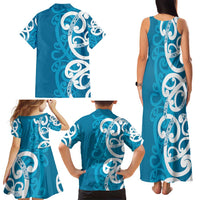 Azure Blue Maori Family Matching Tank Maxi Dress and Hawaiian Shirt Koru Kowhaiwhai LT7 - Polynesian Pride