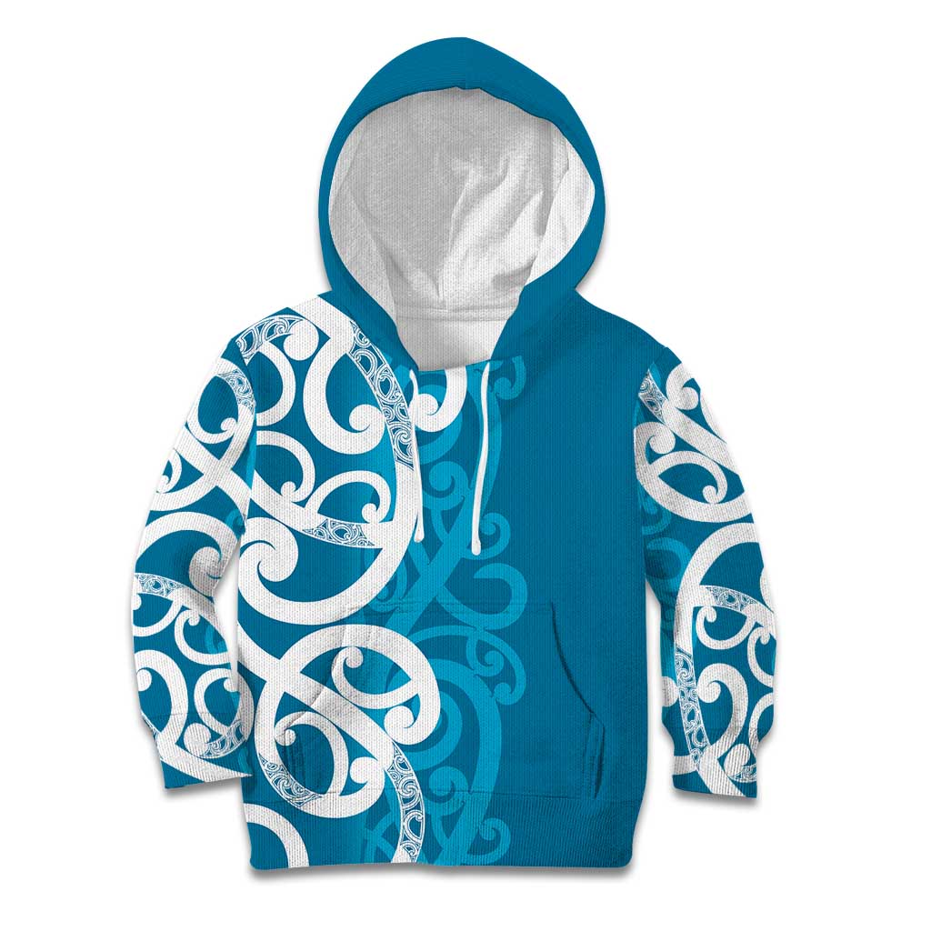 Azure Blue Maori Kid Hoodie Koru Kowhaiwhai - Polynesian Pride