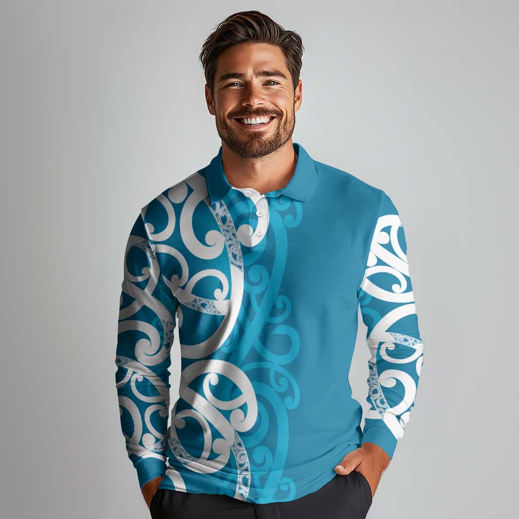 Azure Blue Maori Long Sleeve Polo Shirt Koru Kowhaiwhai - Polynesian Pride