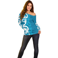 Azure Blue Maori Off Shoulder Sweater Koru Kowhaiwhai - Polynesian Pride
