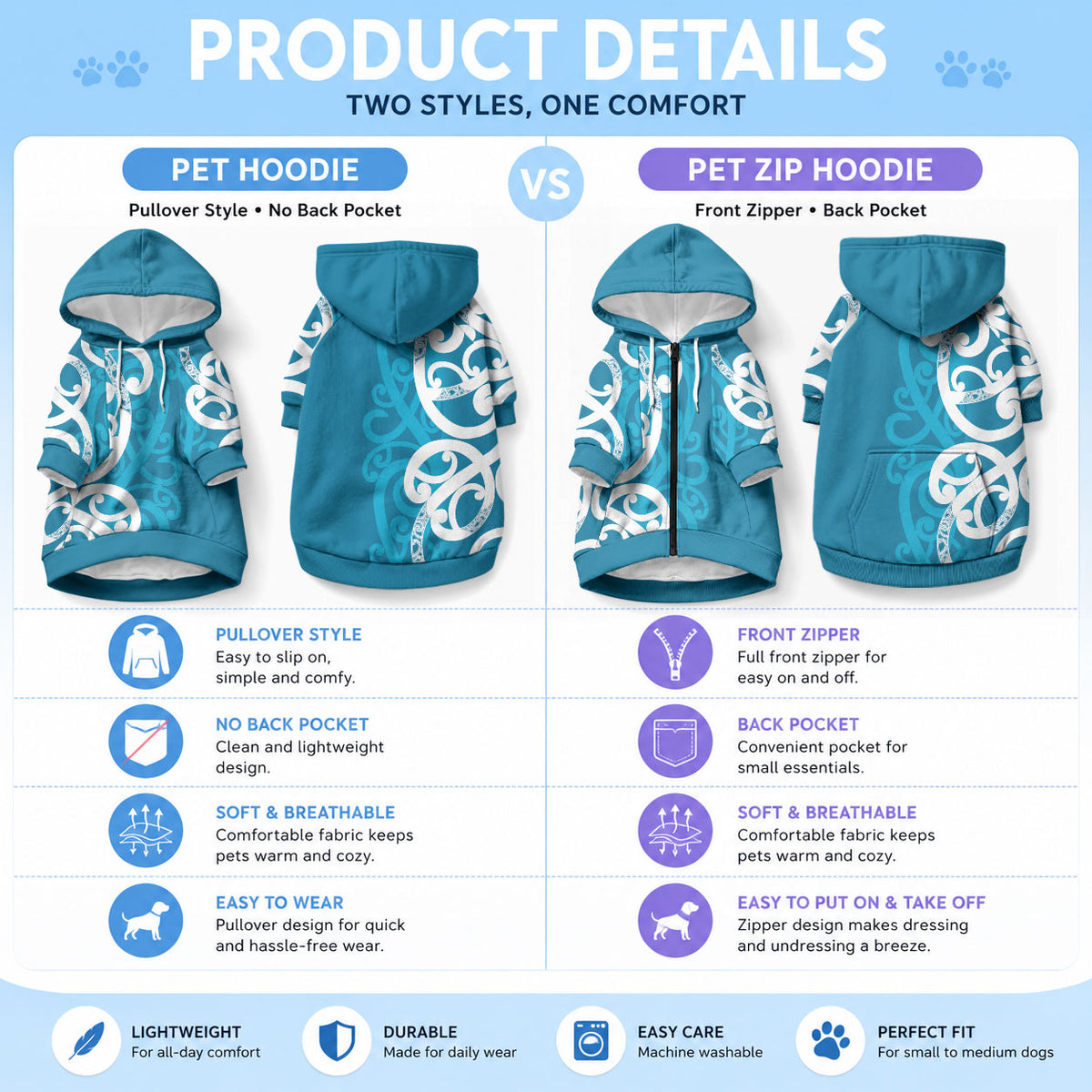 Azure Blue Maori Pet Hoodie Koru Kowhaiwhai