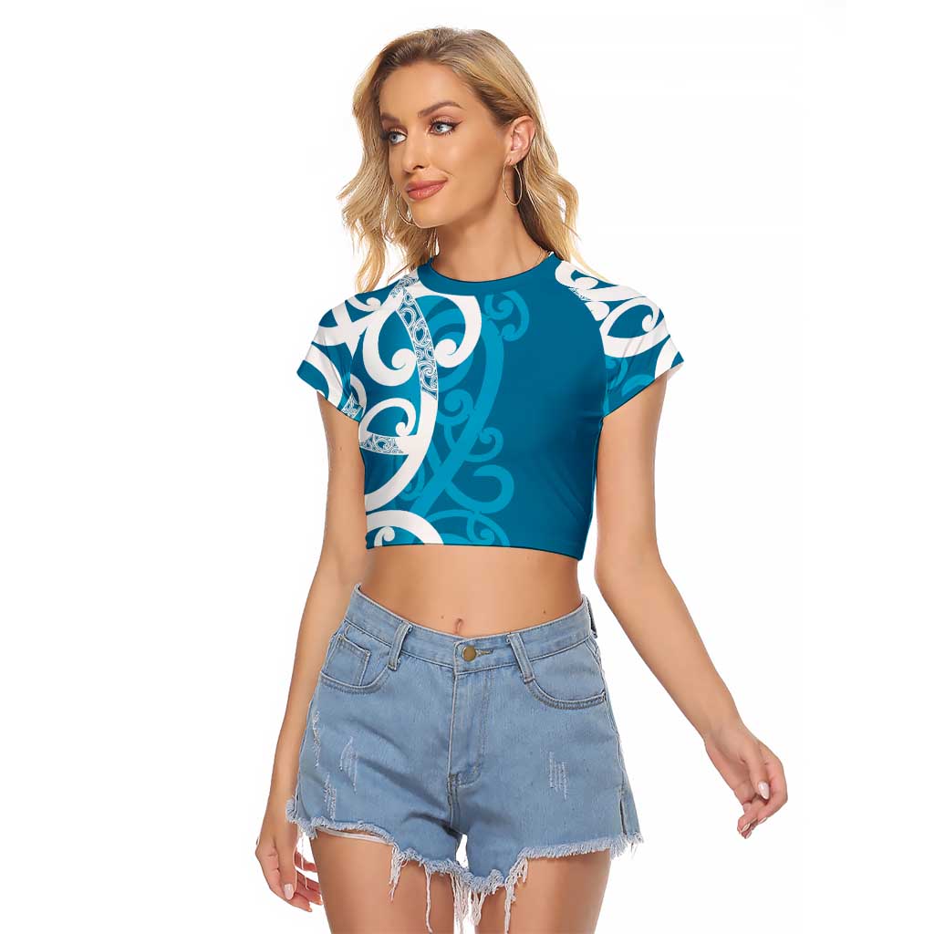 Azure Blue Maori Raglan Cropped T Shirt Koru Kowhaiwhai LT7 Female Blue - Polynesian Pride