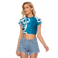 Azure Blue Maori Raglan Cropped T Shirt Koru Kowhaiwhai LT7 Female Blue - Polynesian Pride