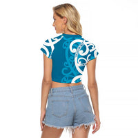 Azure Blue Maori Raglan Cropped T Shirt Koru Kowhaiwhai LT7 - Polynesian Pride