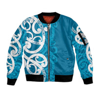 Azure Blue Maori Sleeve Zip Bomber Jacket Koru Kowhaiwhai - Polynesian Pride