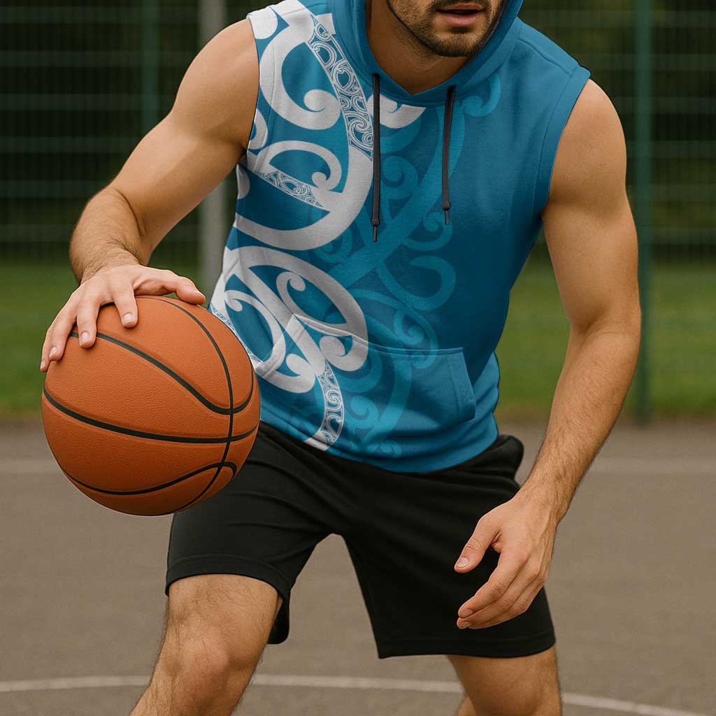 Azure Blue Maori Sleeveless Hoodie Koru Kowhaiwhai - Polynesian Pride