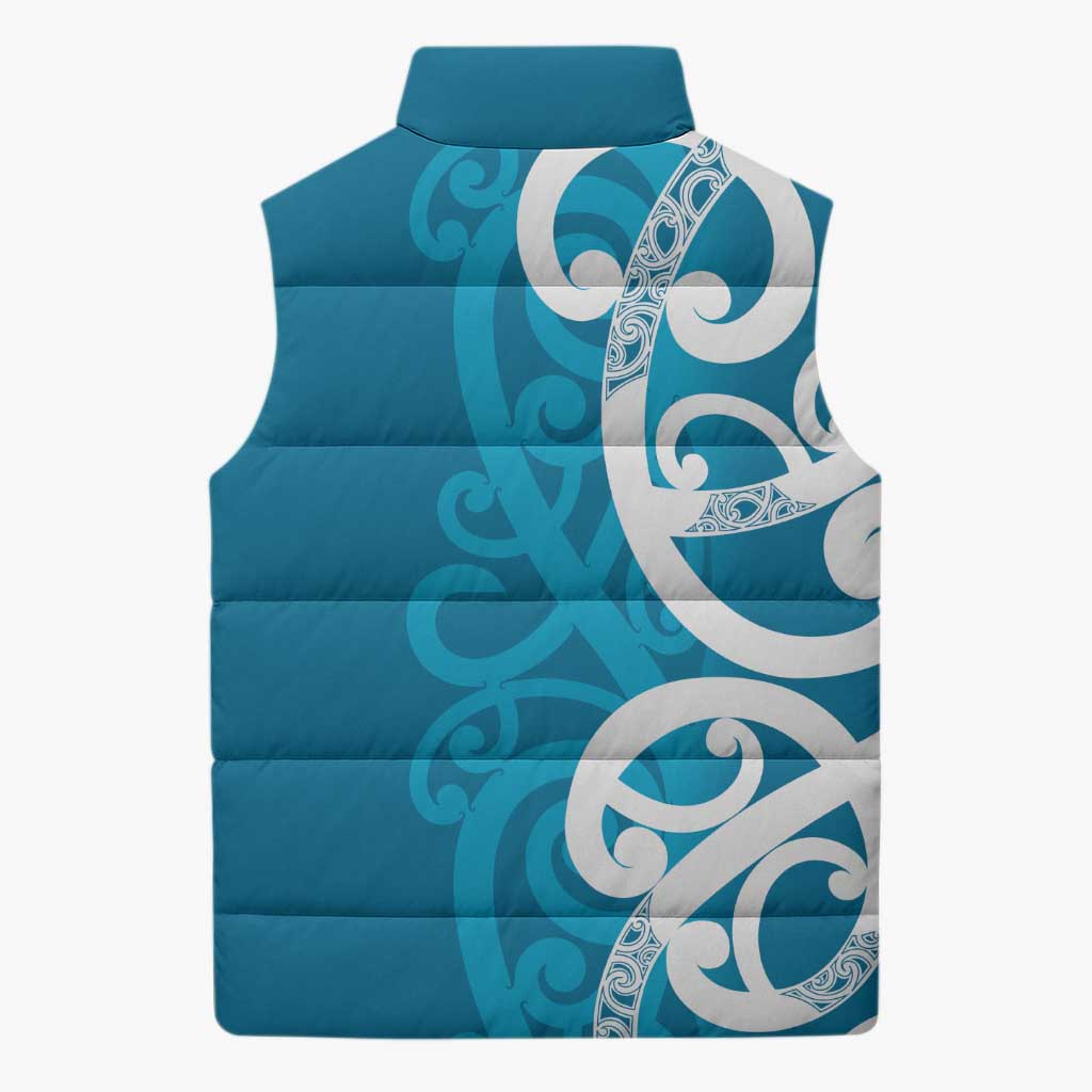 Azure Blue Maori Sleeveless Puffer Jacket Koru Kowhaiwhai - Polynesian Pride