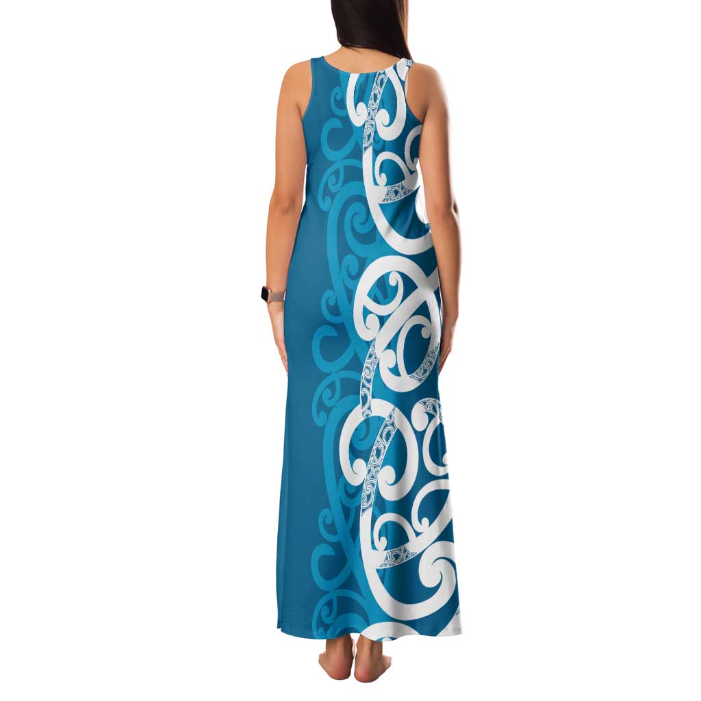 Azure Blue Maori Tank Maxi Dress Koru Kowhaiwhai - Polynesian Pride