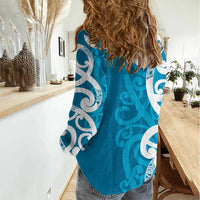 Azure Blue Maori Women Casual Shirt Koru Kowhaiwhai LT7 - Polynesian Pride