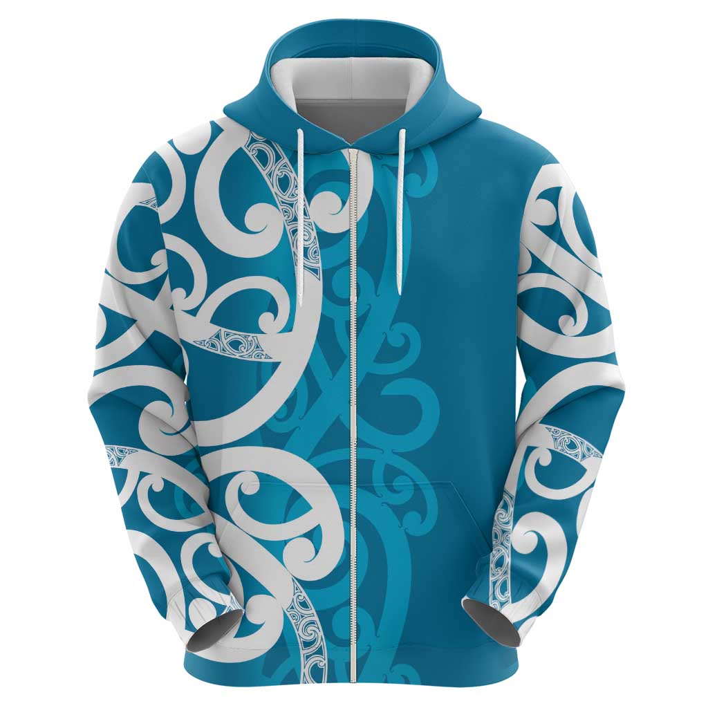 Azure Blue Maori Zip Hoodie Koru Kowhaiwhai LT7 - Polynesian Pride