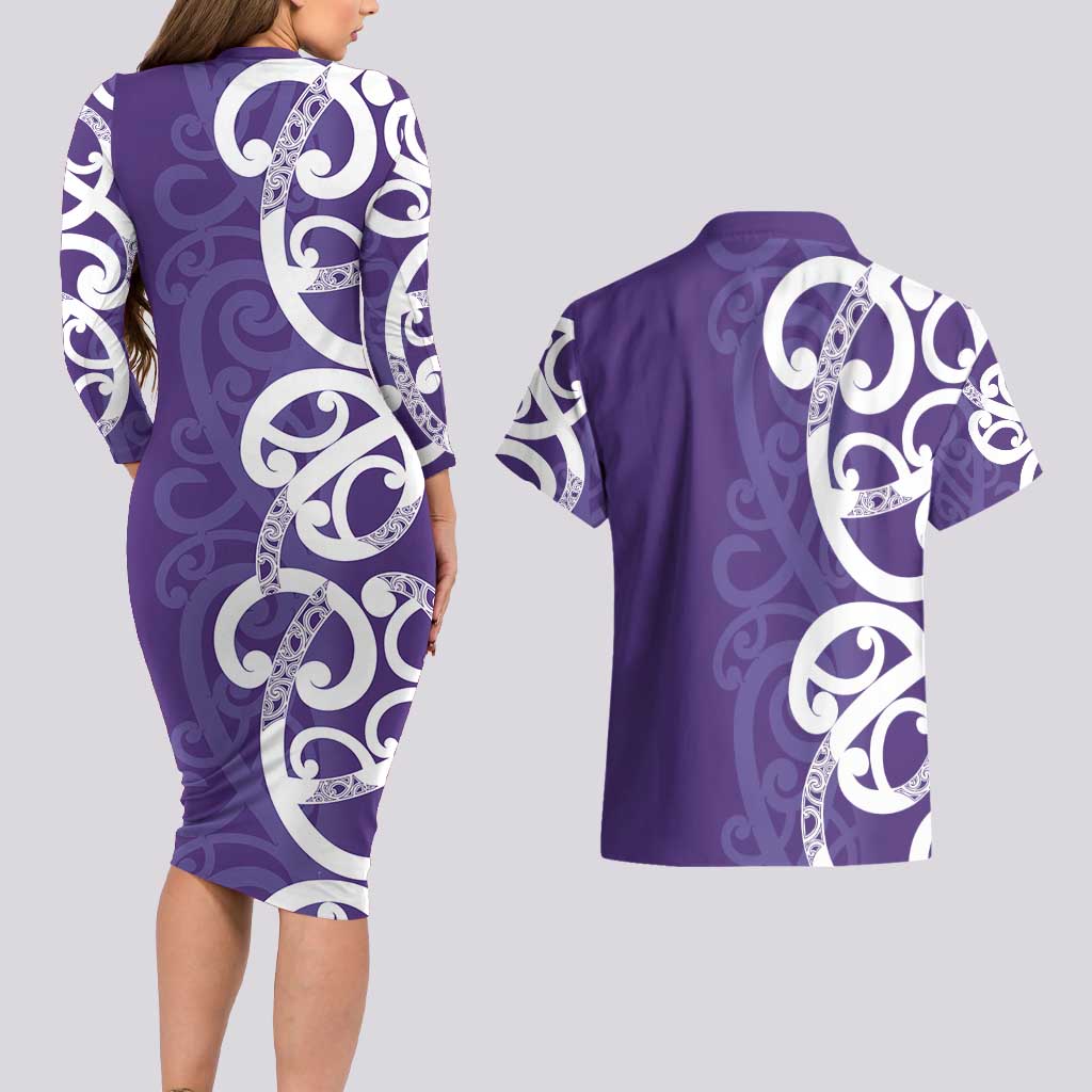Violet Green Maori Couples Matching Long Sleeve Bodycon Dress and Hawaiian Shirt Koru Kowhaiwhai LT7 - Polynesian Pride