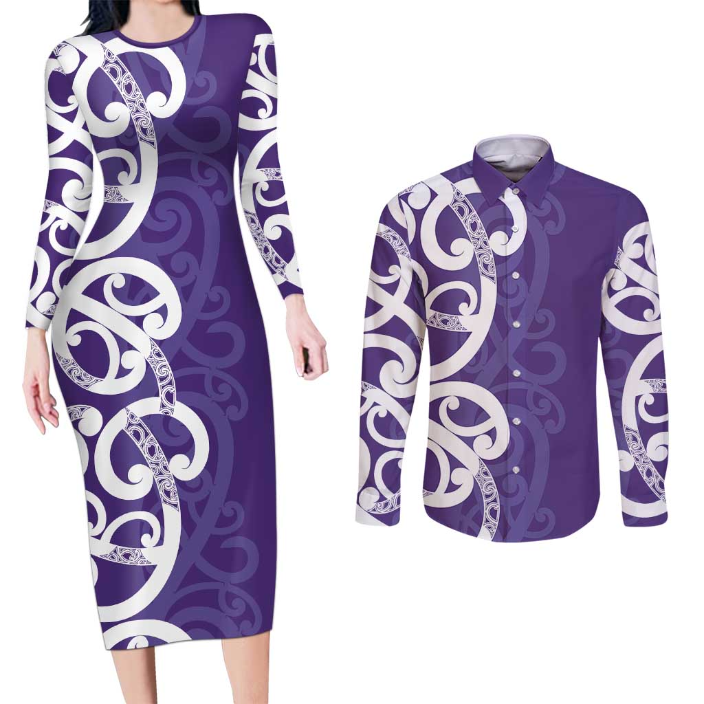 Violet Green Maori Couples Matching Long Sleeve Bodycon Dress and Long Sleeve Button Shirt Koru Kowhaiwhai - Polynesian Pride