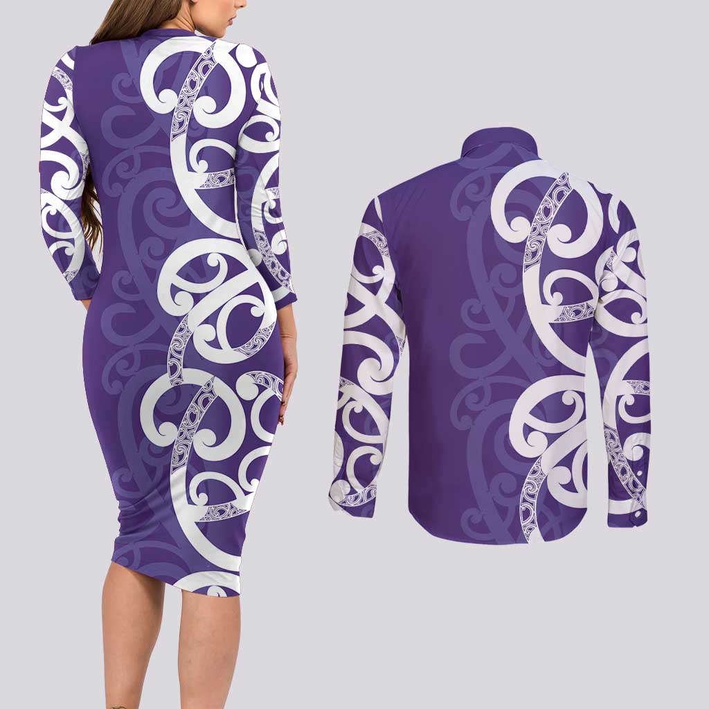 Violet Green Maori Couples Matching Long Sleeve Bodycon Dress and Long Sleeve Button Shirt Koru Kowhaiwhai LT7 - Polynesian Pride