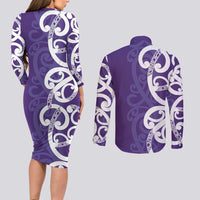 Violet Green Maori Couples Matching Long Sleeve Bodycon Dress and Long Sleeve Button Shirt Koru Kowhaiwhai LT7 - Polynesian Pride