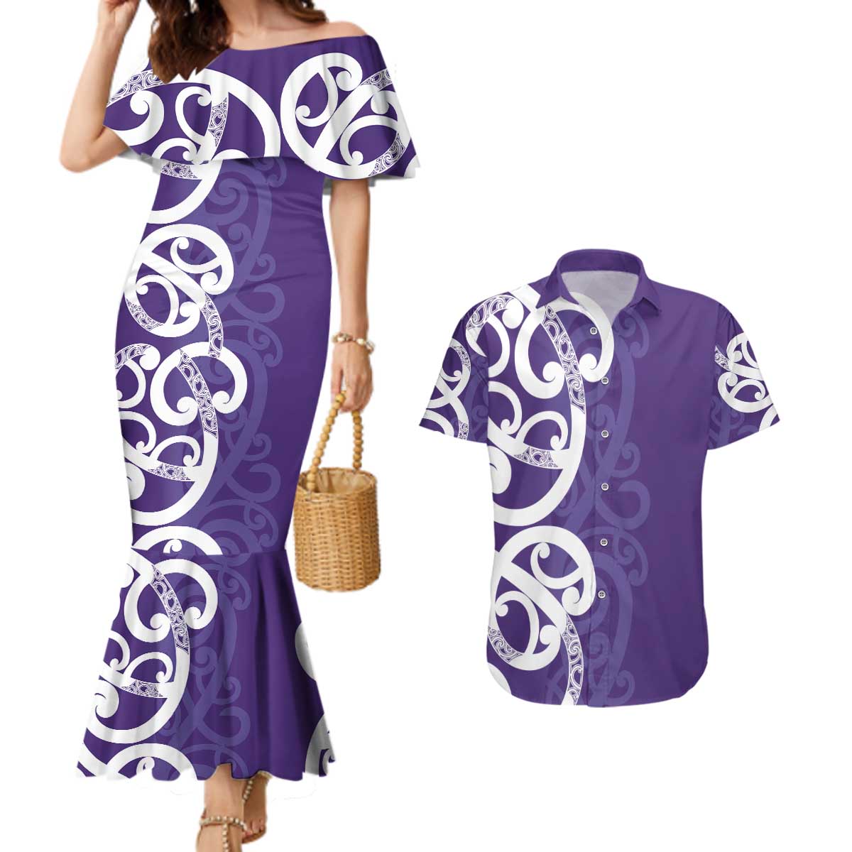Violet Green Maori Couples Matching Mermaid Dress and Hawaiian Shirt Koru Kowhaiwhai LT7 Violet - Polynesian Pride
