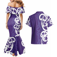 Violet Green Maori Couples Matching Mermaid Dress and Hawaiian Shirt Koru Kowhaiwhai LT7 - Polynesian Pride