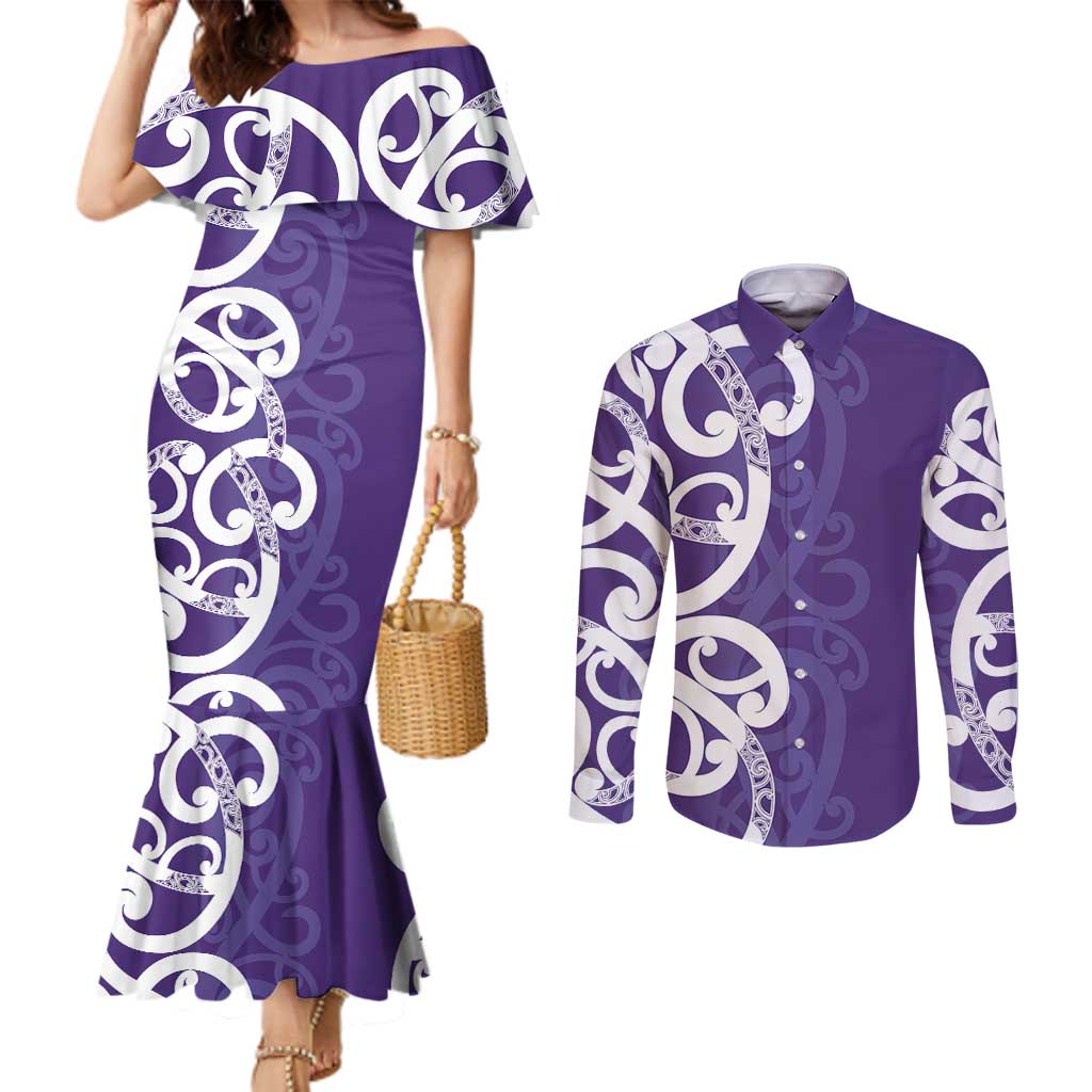 Violet Green Maori Couples Matching Mermaid Dress and Long Sleeve Button Shirt Koru Kowhaiwhai LT7 Violet - Polynesian Pride