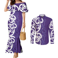 Violet Green Maori Couples Matching Mermaid Dress and Long Sleeve Button Shirt Koru Kowhaiwhai LT7 Violet - Polynesian Pride