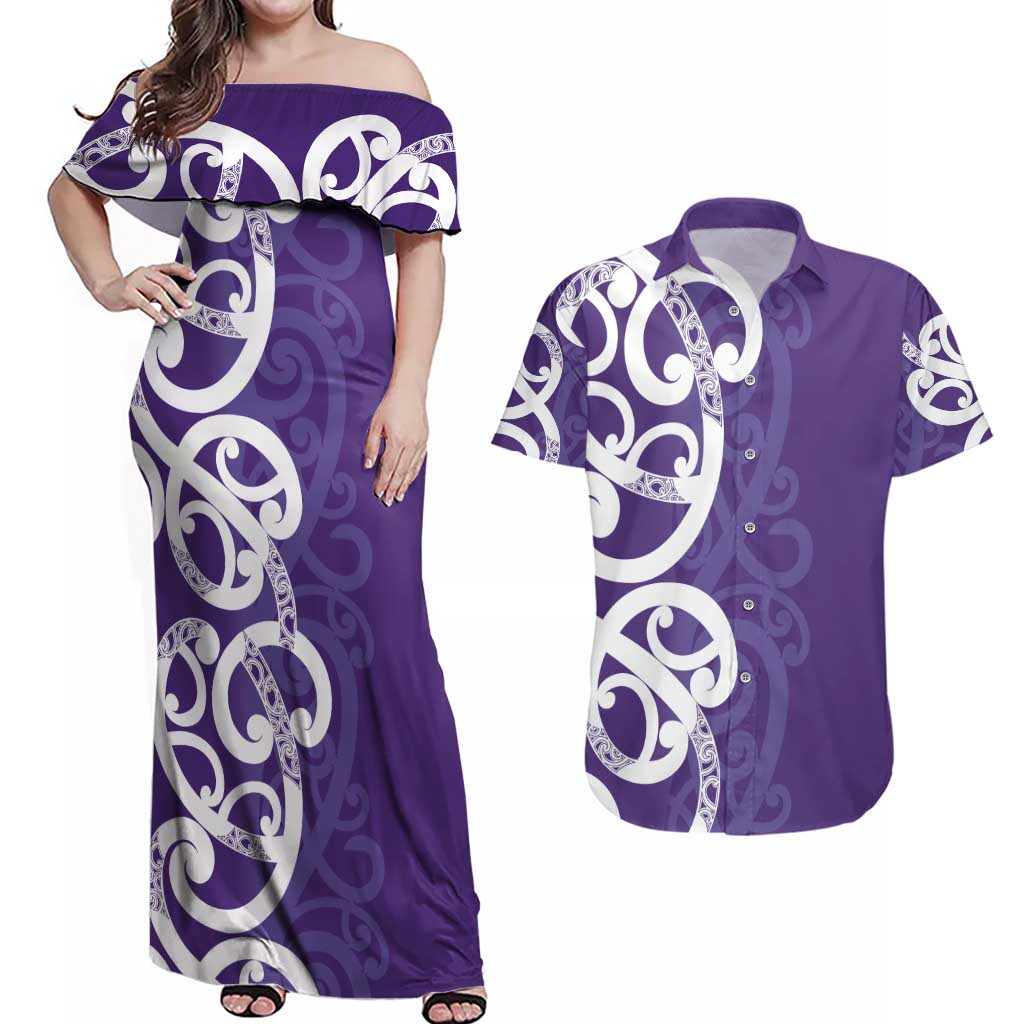 Violet Green Maori Couples Matching Off Shoulder Maxi Dress and Hawaiian Shirt Koru Kowhaiwhai LT7 Violet - Polynesian Pride