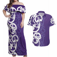 Violet Green Maori Couples Matching Off Shoulder Maxi Dress and Hawaiian Shirt Koru Kowhaiwhai LT7 Violet - Polynesian Pride
