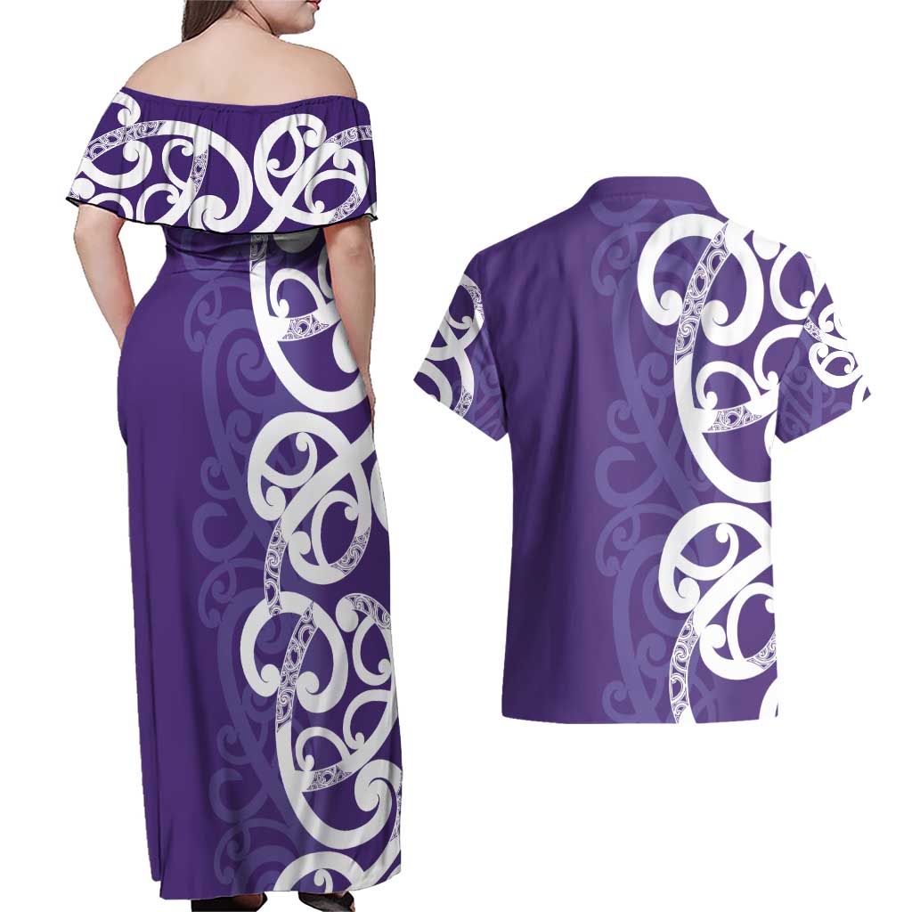 Violet Green Maori Couples Matching Off Shoulder Maxi Dress and Hawaiian Shirt Koru Kowhaiwhai LT7 - Polynesian Pride