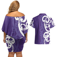 Violet Green Maori Couples Matching Off Shoulder Short Dress and Hawaiian Shirt Koru Kowhaiwhai LT7 - Polynesian Pride