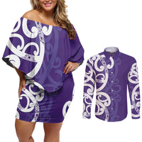 Violet Green Maori Couples Matching Off Shoulder Short Dress and Long Sleeve Button Shirt Koru Kowhaiwhai LT7 Violet - Polynesian Pride