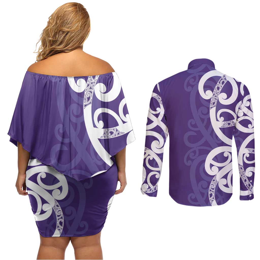 Violet Green Maori Couples Matching Off Shoulder Short Dress and Long Sleeve Button Shirt Koru Kowhaiwhai LT7 - Polynesian Pride
