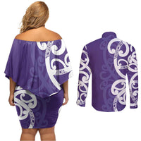 Violet Green Maori Couples Matching Off Shoulder Short Dress and Long Sleeve Button Shirt Koru Kowhaiwhai LT7 - Polynesian Pride