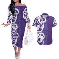 Violet Green Maori Couples Matching Off The Shoulder Long Sleeve Dress and Hawaiian Shirt Koru Kowhaiwhai LT7 Violet - Polynesian Pride