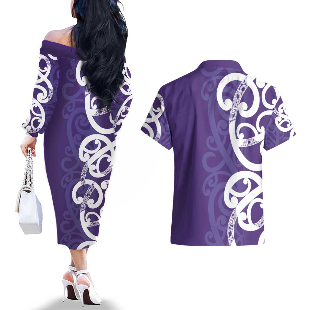 Violet Green Maori Couples Matching Off The Shoulder Long Sleeve Dress and Hawaiian Shirt Koru Kowhaiwhai LT7 - Polynesian Pride