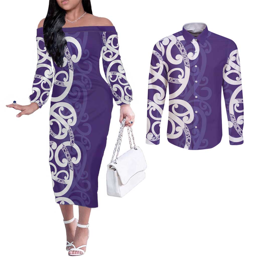 Violet Green Maori Couples Matching Off The Shoulder Long Sleeve Dress and Long Sleeve Button Shirt Koru Kowhaiwhai LT7 Violet - Polynesian Pride