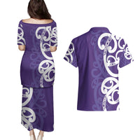 Violet Green Maori Couples Matching Puletasi and Hawaiian Shirt Koru Kowhaiwhai - Polynesian Pride